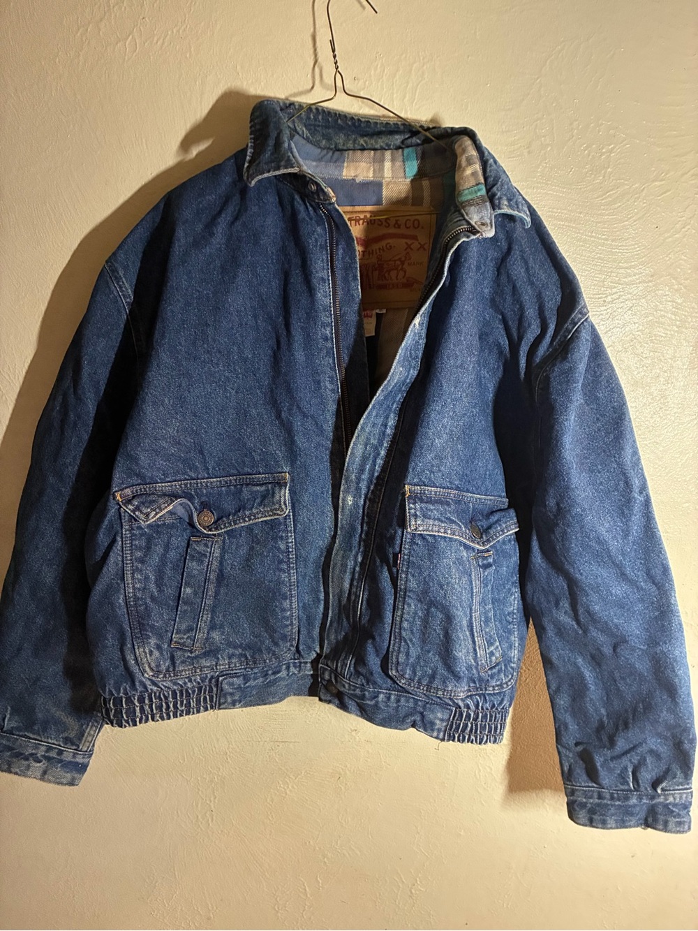 Men’s,Levi's Blue Denim flannel lined distressed Bomber Jacket XL 90s grunge